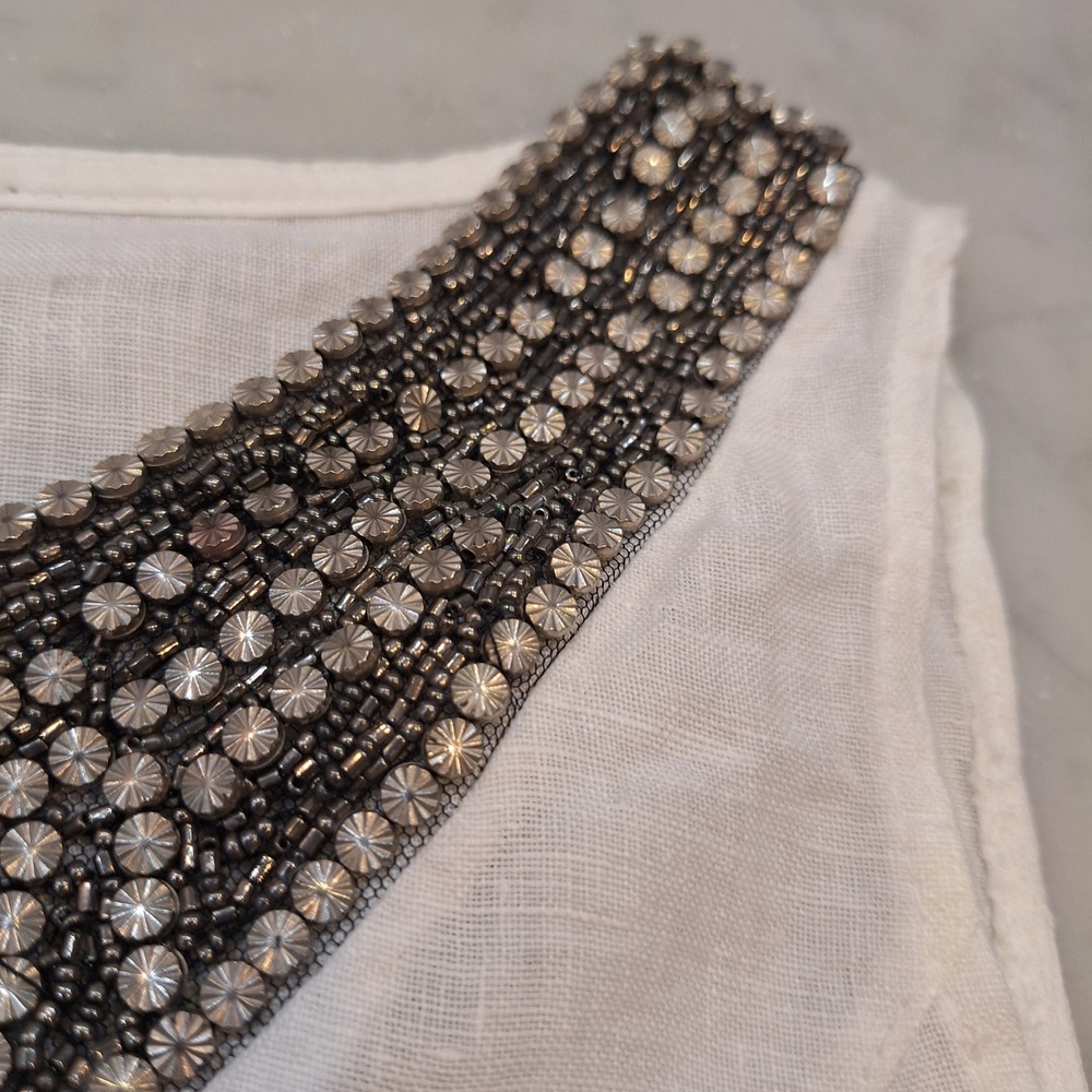 Lina Tomei Sleeveless White Linen Top Beaded Metal Neckline Sz S Rib Tank Boho - Picture 9 of 9